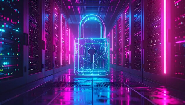 Futuristic digital lock in a server room with neon lighting effects
