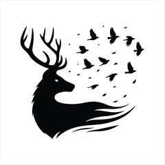  Deer looking back as birds fly behind it vector silhouette outline logo design concept illustration