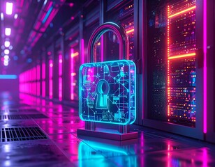 Futuristic digital lock in a vibrant server room with neon lights