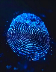 Digital fingerprint created with glowing blue particles on dark backgr