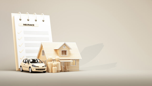 Family car and house with insurance checklist on beige background in minimal warm tone representing safety protection and stability. concept of insurance and family financial security. 3d render.