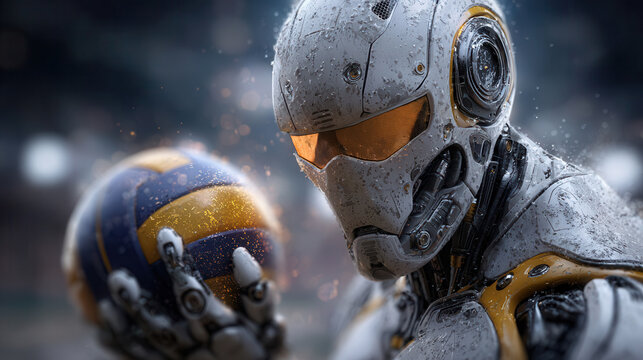 Futuristic robot athlete holding volleyball, ready for action with glowing eyes and dynamic pose - Powered by Adobe