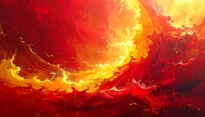 A vibrant abstract painting displays dynamic waves of fiery reds and golds, creating a dramatic and passionate visual experience.