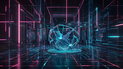 3D hologram background, glowing digital shapes, futuristic technology concept, abstract cyber design.
