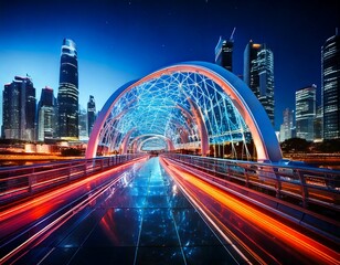 Futuristic glass bridge illuminated at night in a modern cityscape