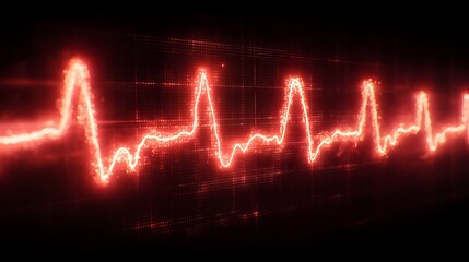 Obraz premium Abstract glowing red electrocardiogram waveform on a dark textured background, representing life and health