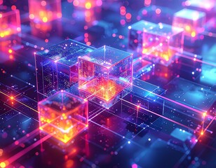Abstract digital network visualization with glowing neon cubes and lig