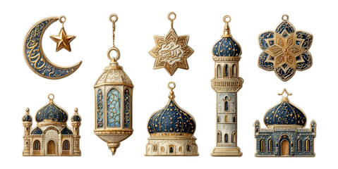Obraz premium Golden Decorative Elements of Islamic Architecture and Symbols on Transparent Background