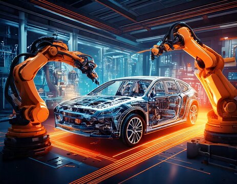 Futuristic car assembly with robotic arms and bright neon lights