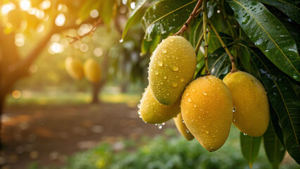 Ripe Mango hanging on tree branch with water drop in garden, Mangoes on tree in natural sunlight background