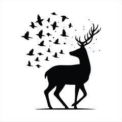  Deer looking back as birds fly behind it vector silhouette outline logo design concept illustration