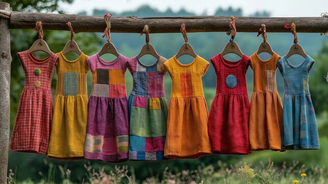 A charming collection of colorful handmade children's dresses showcasing diverse patterns and vibrant hues hanging outdoors - Powered by Adobe