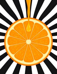 Vibrant orange slice with dripping juice, set against a bold black and white striped background.