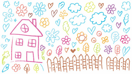 Charming childlike drawing of a house with garden elements, perfect for playful designs.