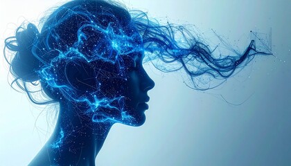 Silhouette eines Kopfes voller neuronaler Netzwerkstrukturen in Blau