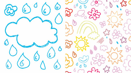 Whimsical weather doodles with playful clouds, sun, rain, and rainbows create cheerful patterns.