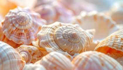Obraz premium Close-up view of numerous seashells, showcasing intricate spiral patterns and delicate textures in soft, warm colors.