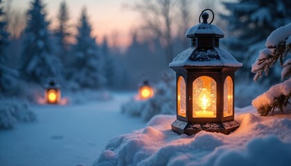 Winter garden lanterns glow softly illuminating snowy landscape at dusk. Peaceful, cosy ambience with warm light on frosty trees, snow-covered ground. Rustic, charming scene creates magical holiday