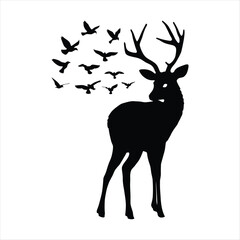  Deer looking back as birds fly behind it vector silhouette outline logo design concept illustration