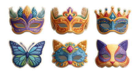 Colorful Intricately Designed Masks with Butterfly and Cat Motifs on Transparent Background