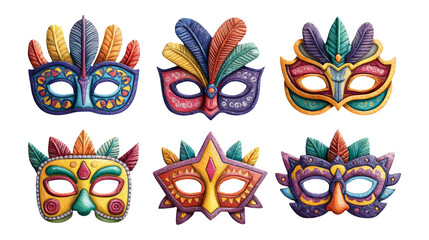 Colorful Decorative Masks with Feathers and Unique Designs on Transparent Background