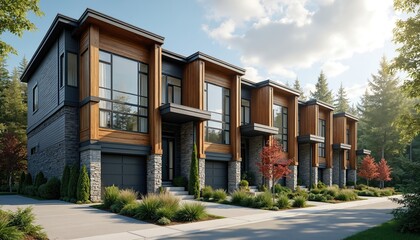 Modern townhomes line street featuring natural wood, stone, dark siding accents. Large windows offer views of rich green plants, mature trees. Attached garages visible, upscale residential
