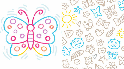 Joyful crayon butterfly and whimsical pattern for kids' art projects and playful designs