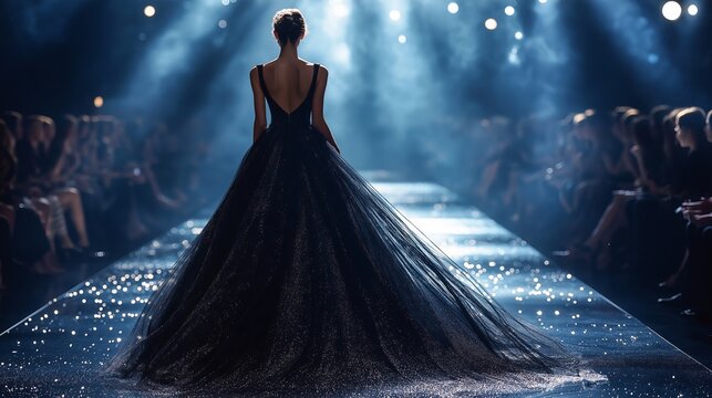 Elegant woman in a flowing black gown walks the runway under dramatic spotlights at a high fashion show event creating a stunning visual spectacle - Powered by Adobe