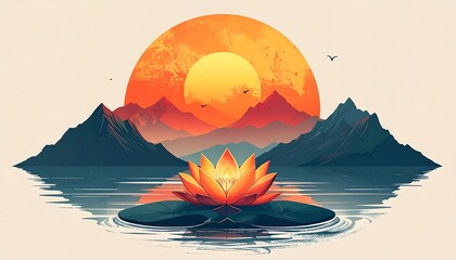Sunrise serenity in a mountain lake with lotus flower