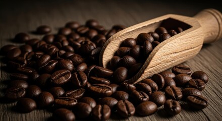 Fototapeta premium Closeup of roasted coffee beans with wooden scoop on rustic table