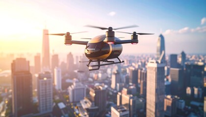 Drone delivery in cityscape at sunrise