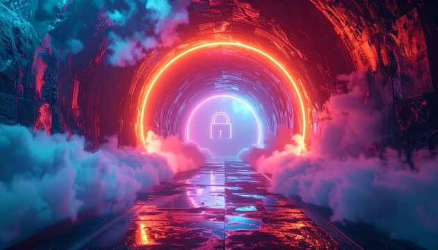 Futuristic neon tunnel with glowing padlock and colorful lights