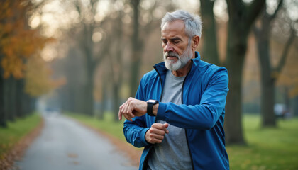 Elderly man checks smart watch mid-run in park. Senior athlete monitors workout progress on wrist device. Blue jacket, grey shirt, autumn nature setting. Active healthy lifestyle focus.