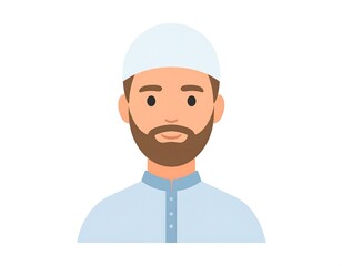 A simple illustration showcases a man with a light-blue shirt, a light-beige cap, and a brown beard, against a plain white backdrop.