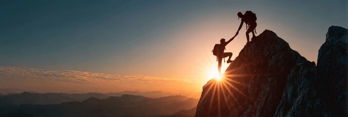 Two people are climbing a mountain and one is helping the other