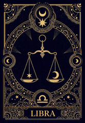 Aesthetic tarot-card design featuring the word ‘LIBRA’ at the bottom in ornate decorative font, and scales, deep midnight blue background with gold accents, high detail