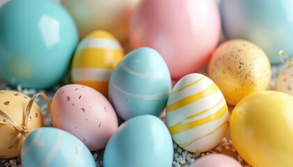Fototapeta premium Colorful pastel balloons, decorative eggs arranged for festive springtime events. Cheerful, playful, joyful arrangement featuring vibrant colors, delightful, happy ambience perfect for celebrations,