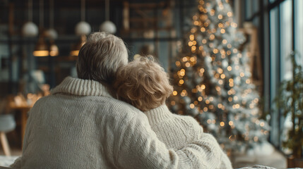 Senior couple happily admire Christmas tree in living room. Concept of family, xmas decoration