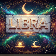 A fantasy-inspired wall art illustration of the word ‘LIBRA’ carved into glowing marble stone, surrounded by celestial motifs and balanced scales, painterly texture, large mural-like composition