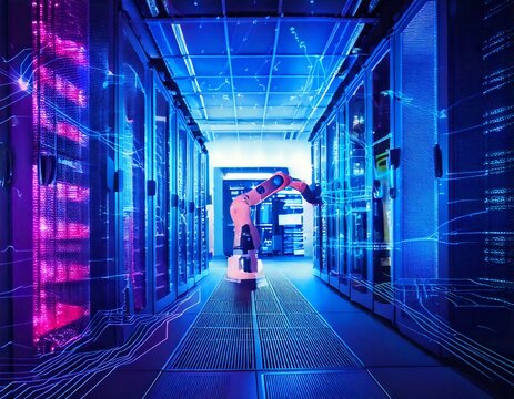 Futuristic robotic arm working in a high-tech server room setup - Powered by Adobe