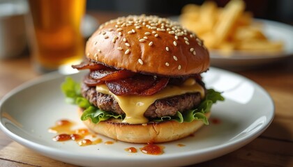 Juicy burger with bacon, cheese, and lettuce on a sesame seed bun. Served on a white plate with a side of fries and a glass of beer. Perfect for a date night or casual meal.