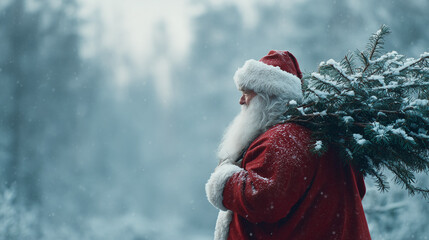 Back view of Santa Claus walking along a snowy road, carrying a Christmas tree