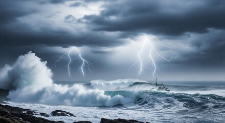 Dramatic ocean waves crash around a small fishing boat during a fierce thunderstorm. Powerful lightning illuminates the dark, stormy sky above.
