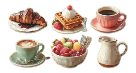 Delicious Breakfast Collection with Pastries, Fruits, and Coffee on Transparent Background