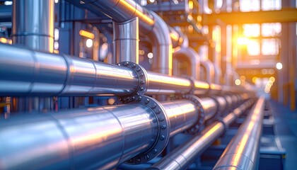 Industrial Piping System with Silver Metallic Pipes and Flanges Under Warm Sunlight with a Blurred Background for a Clean and Modern Visual