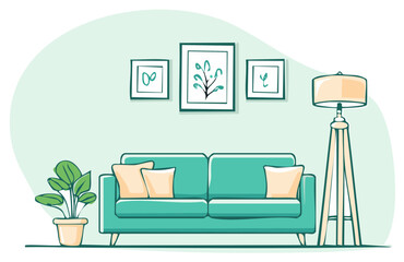 Cozy home interior illustration featuring a teal sofa, framed art, houseplant, and a stylish floor lamp against a light green wall.