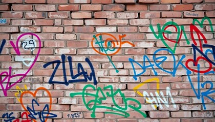 Rough brick wall texture heavily tagged with colorful graffiti, palette, texture