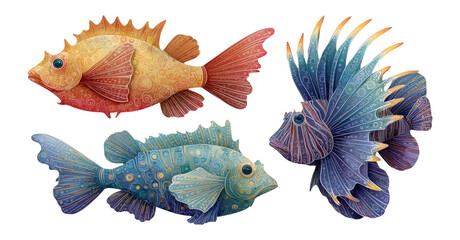 Colorful Art Style Fish Illustrations Isolated on Transparent Background