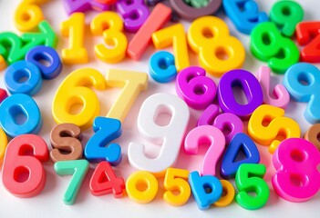 Fototapeta premium Assortment of bright plastic numbers, various sizes and colors, counting blocks, purple