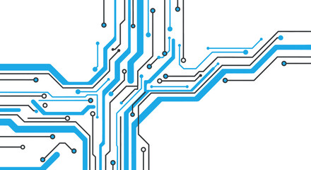 An abstract illustration of interconnected blue and black lines resembling a circuit board or network diagram on a white background.